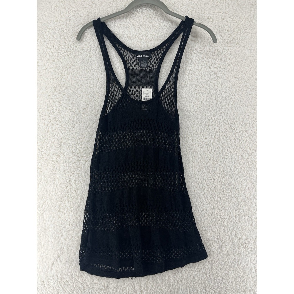 Y2K Tank Size Large Black Fishnet Mesh Sleeveless Top Sheer Festival Goth Grunge